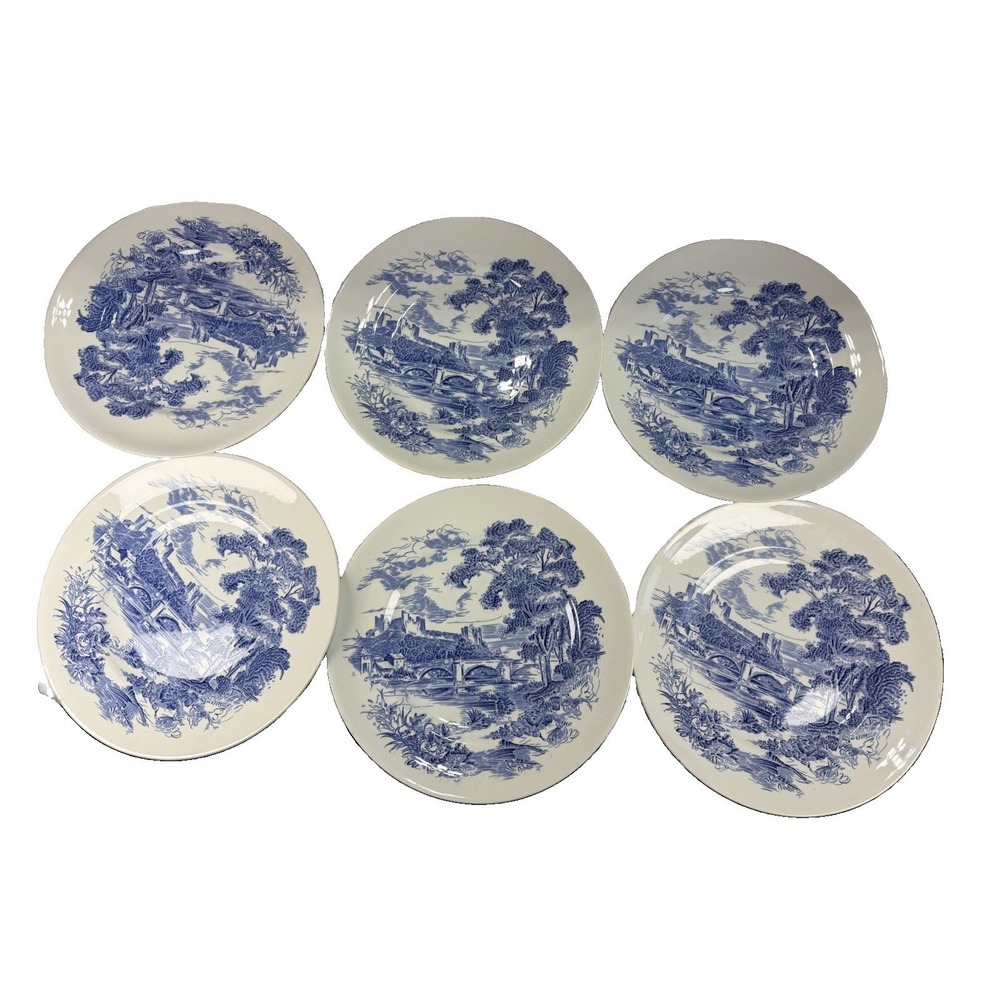 Vtg Set Of 6 Enoch Wedgwood Countryside Blue White 10" Dinner Plates England